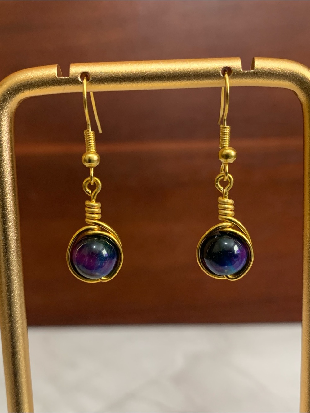 Handmade wire wrapped rainbow tiger’s eye bead earrings